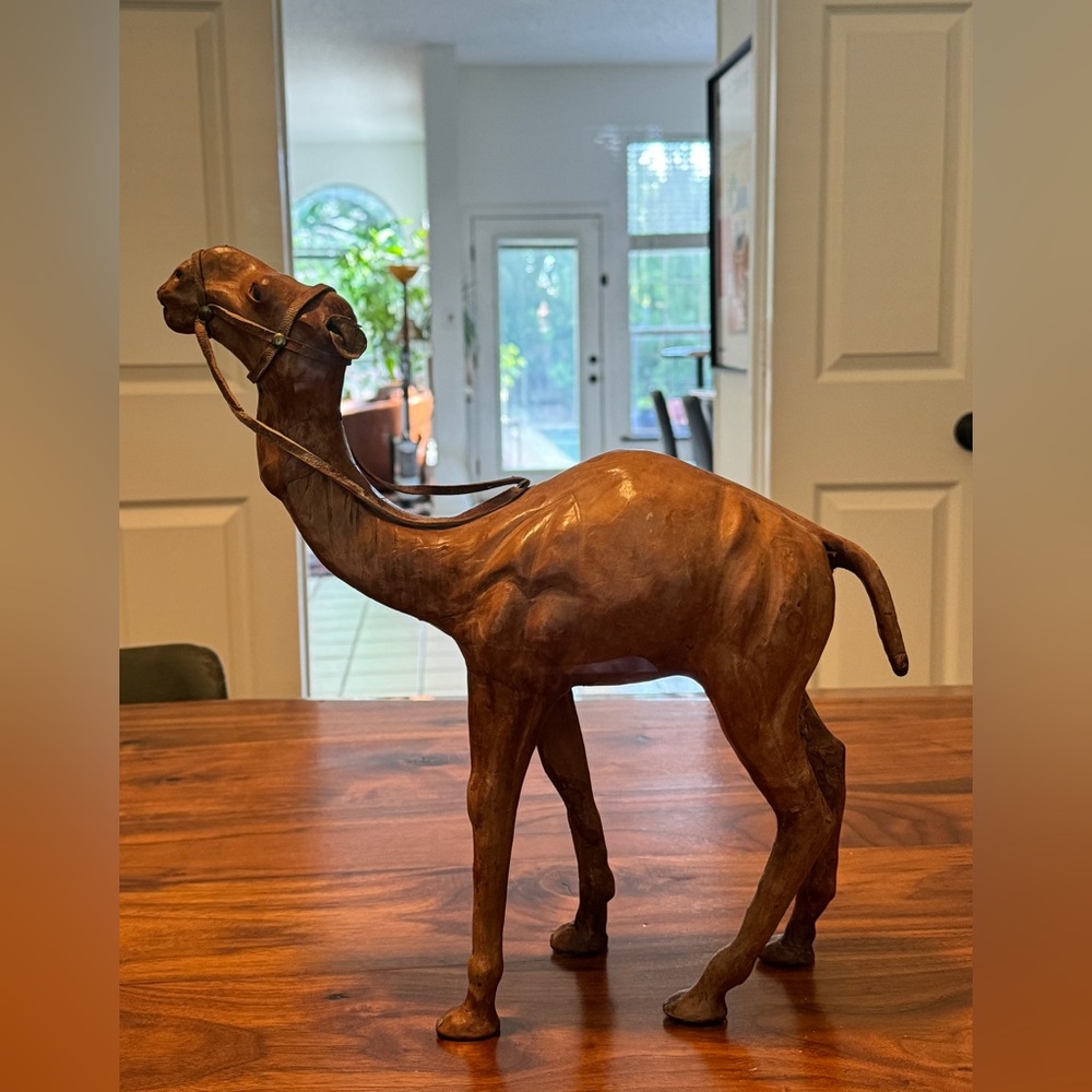 Vintage Large Camel Figurine
Glass Eyes Leather Hand Wrapped
Quality Rare 14"